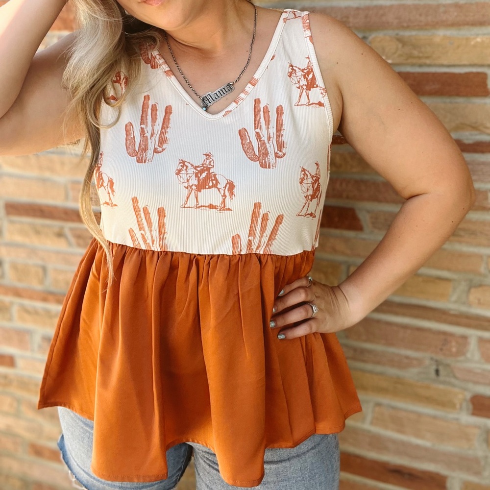 Women's Cactus Print Sleeveless Top - Orange